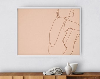 Woman figure horizontal print, Minimal Line drawing, Modern Downloadable, Instant download female illustration, Swimmer neutral beige art