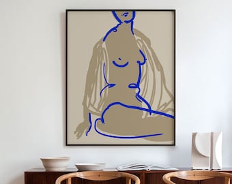 Female figure painting, Downloadable print, Printable modern art, Instant download feminine painting, Minimalistic vivid blue poster