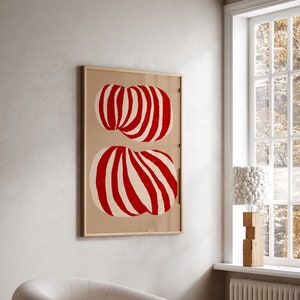 Arte de pared de líneas rojas imprimible descargable / pintura de forma abstracta moderna / cartel contemporáneo de decoración minimalista / arte de pared contemporáneo