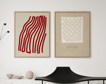 Printable wall art set of 2 prints, two abstract downloadable, big printable modern poster, red beige art, living room decor