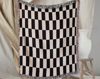 Checkerboard Woven Throw Blanket, Black and Beige Cotton Quilt