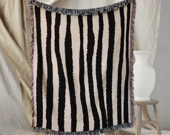 Striped Woven Throw Blanket, Geometric Black and Beige Cotton Quilt