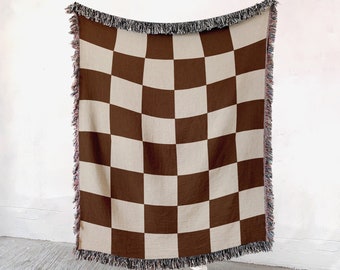 Checkerboard Woven Throw Blanket, Brown Checkers Cotton Quilt