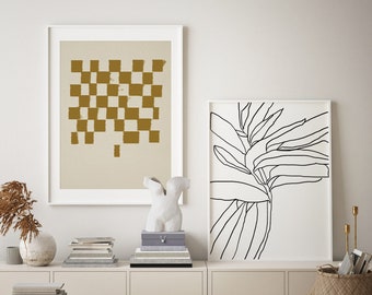 Downloadable two prints, checkers printable set of 2, gallery wall art, abstract checkerboard, living room modern poster, minimalist beige