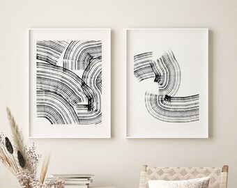 Printable wall art set of 2 prints, Two abstract downloadable, Printable modern poster, monochrome lines, Living room gallery wall decor