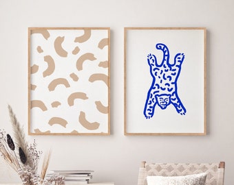 Nursery printable wall art set, 2 prints gallery wall, two abstract downloadable, printable modern fun poster, leopard animal kid room decor