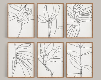 Illustration botanique Printable Wall Art Set, six tirages abstraits, impression numérique téléchargeable, affiche abstraite de fleurs, lignes blanches noires