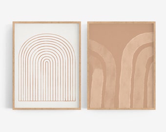 Giclee print wall art set, two pieces, 2 printed and framed, minimalist line gallery wall, living room home decor, beige poster wooden frame