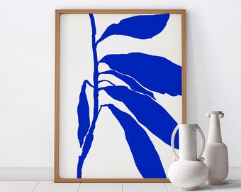 Botanical illustration printable wall art, Downloadable poster, Flower painting, Minimalist contemporary print, blue living room decor