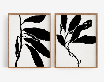 Botanical Giclee Print Set, Abstract Leaves in Wooden Frame