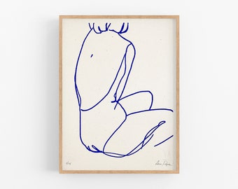 Limited Edition Screen Print | Female Drawing Wall Art  | One Line Woman Body Painting | Contemporary Simple Forms | Blue on Beige Paper