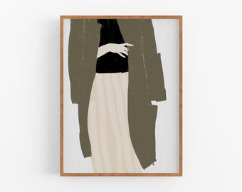 Giclee print on paper, fashion illustration, framed printed wall art, beige black female figure, living room home decor, modern drawing