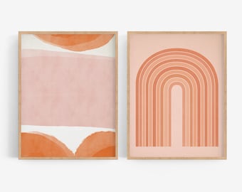 Framed Giclee Print Set, Nursery Rainbow Arch, Pink Orange Wall Art