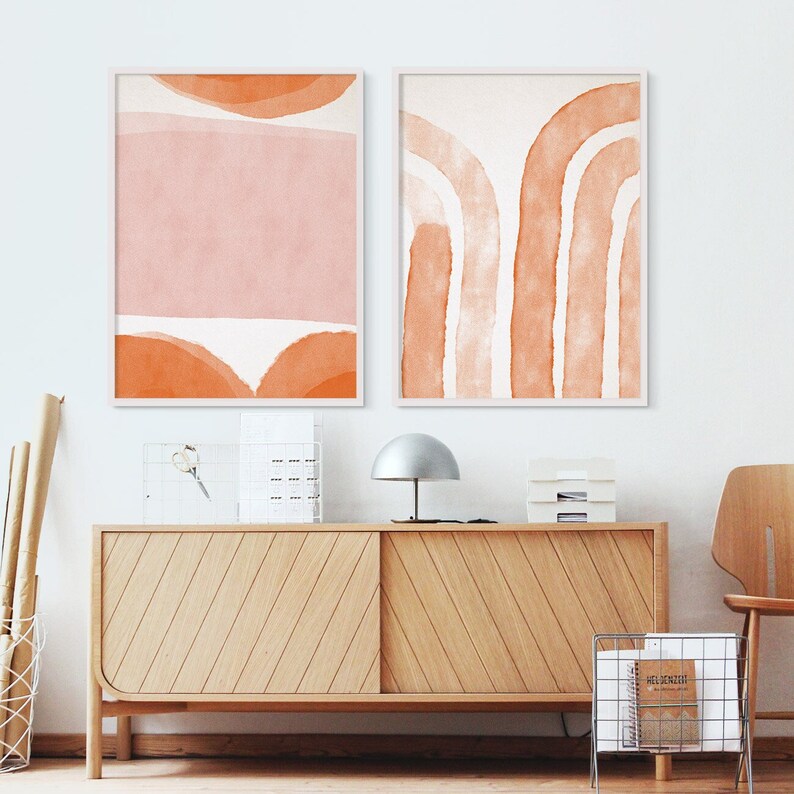 Printable wall art set of 2 prints, two abstract downloadable, printable arches, geometric pink orange rainbow, nursery decor gallery wall image 1