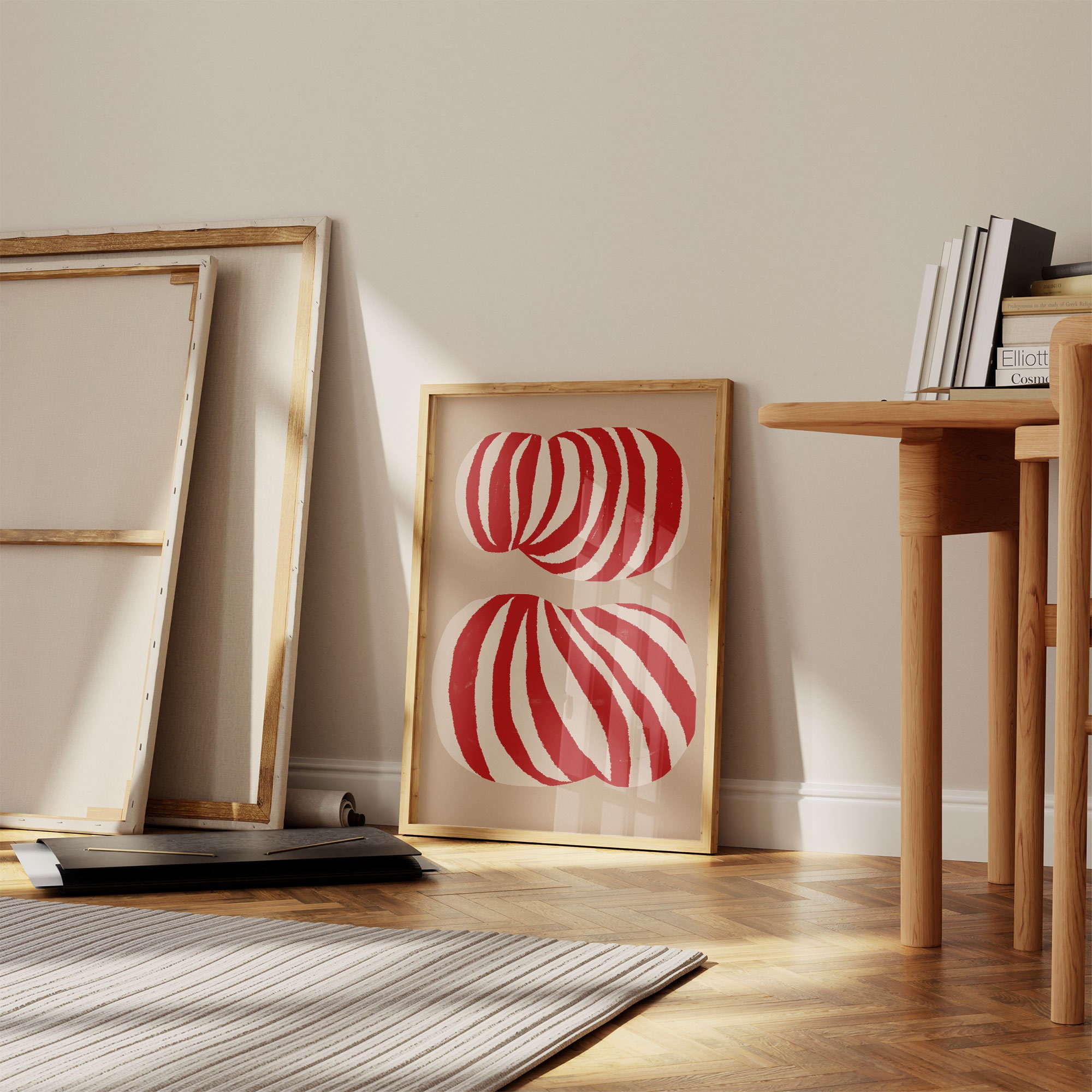 Red Lines Abstract Art Print | Modern Beige Background (digital ...