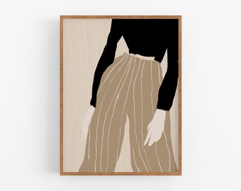 Giclee print on paper, fashion illustration, framed printed wall art, beige black female figure, living room home decor, modern drawing