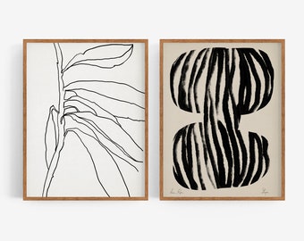 Giclee print wall art set, two pieces, 2 printed and framed, minimalist line gallery wall, living room home decor, beige poster wooden frame