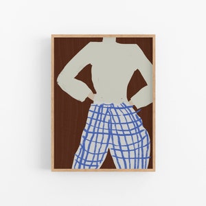 Stampa giclée su carta, illustrazione di moda, arte murale stampata incorniciata, figura femminile blu beige, arredamento per la casa del soggiorno, disegno moderno