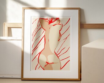 Female figure painting, Downloadable print, Printable modern art, Instant download feminine painting, Minimalistic red beige poster