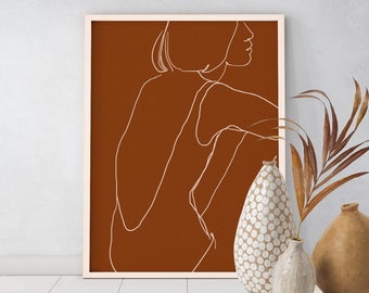 Woman figure print, Minimal line drawing, Downloadable file, Female sketch, modern wall art, Terracotta, Burnt orange, rust color