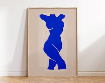 Female figure painting, Downloadable print, Printable modern art, Instant download feminine painting, Minimalistic vivid blue poster