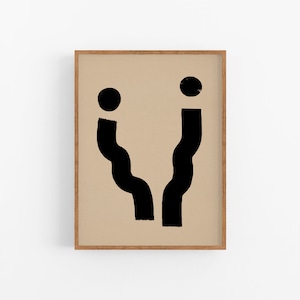 Framed Abstract Giclee Print, Black Forms on Beige, Modern Wall Art