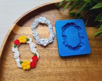 Silicone mold of Frame, style 3, with flowers, ~ 3.2*4.9 cm, H:0.5 cm, Epoxy Resin, Fondant, Miniatures, DIY Craft, Vintage Ornate Frame