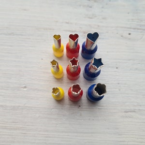 Set of metal cutters, 9 types - heart, star, flower, Ø ≈ 0.4cm, 0.5cm, 0.6сm, hand bent polymer clay tools for clay, metal clay, miniatures
