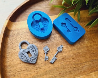 Silicone mold of Lock heart and keys, ~ 0.8-3.6 cm, H:0.2-0.5 cm, Romantic Padlock Pendant, Polymer Clay, Resin,Love Charm,Valentine's Craft