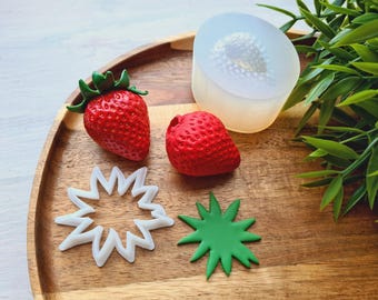 Silicone mold of Strawberry, on the side, style 1 + cutter, Berry, Polymer Clay, Epoxy Resin, Kawaii Fruit, Fake Food, Miniature Decor