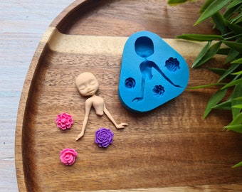 Silicone mold of Doll and flowers, ~ 3.3*3.9 cm, 1-1.3 cm, H:0.8 cm, Modeling tool for accessories, jewelr,home decor,Shape for polymer clay
