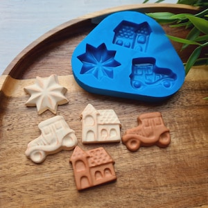 Silicone mold of Christmas set, style 11, 3 elements, ~ 2.3-3.2 cm, H:0.6 cm (house, star, car), Modeling tools for accessories, home decor
