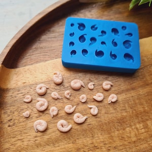 Peut inclure: Un moule en silicone bleu avec diverses formes de coquillages est posé sur un plateau en bois. Plusieurs petits objets en forme de coquillage rose clair sont dispersés autour du moule. Le plateau a un fini grain de bois naturel.