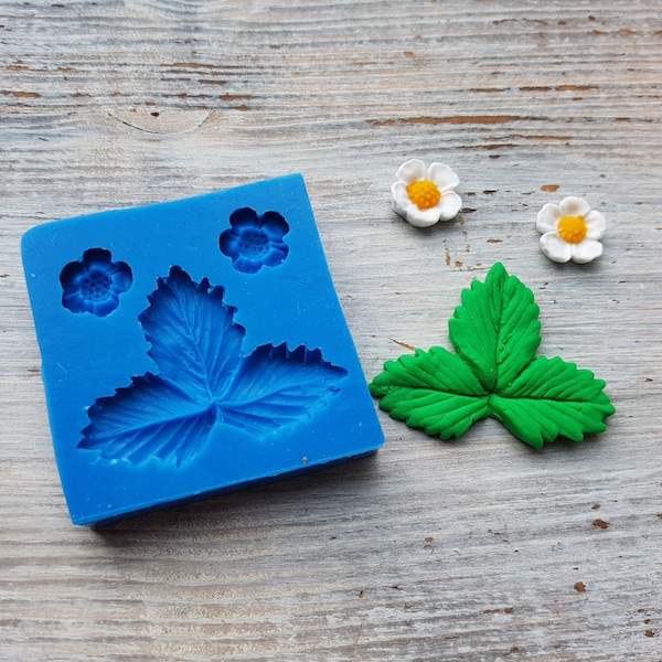 Silicone mold of Strawberry leaf and two flowers, ~4.2*3.2 cm, ~Ø 1.2 cm, Modeling tool for accessories, jewelry,resin,soap,wax,polymer clay