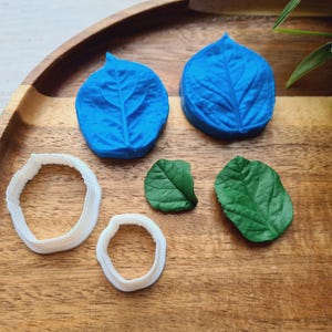 Könnte beinhalten: Ein Set aus blauen und grünen, blattförmigen Silikonformen und -ausstechern auf einer Holzoberfläche. Die Formen sind zum Herstellen von Fondant- oder Gummipasteblättern für die Kuchendekoration.