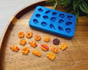 Silicone mold of Mini bakery, 1:12 scale, style 5, 15 elements, ~ 0.7-1.4 cm, H;0.4 cm, Clay, Resin,Dollhouse Miniature Bread, Snack,Hot Dog