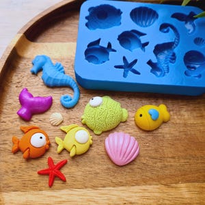 Silicone mold Sea life set, style 2, 9 elements, ~ 0.7-4.4 cm, H:0.2-0.9 cm, Modeling tool for accessories, jewelry, Shape for polymer clay