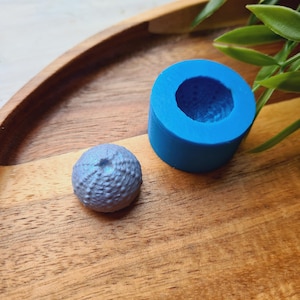 May include: A blue silicone mold and a small, textured, blue sphere sit on a wooden tray. The mold is cylindrical with a hollow center. The sphere has a detailed, bumpy surface. Green leaves are visible in the background.