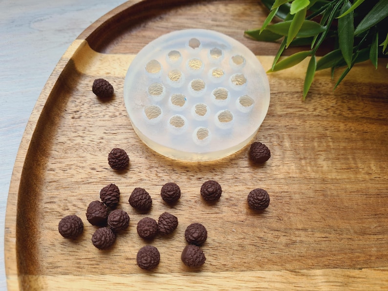Pode incluir: Um molde de silicone transparente com 24 cavidades redondas, perfeito para fazer pequenas artesanato de resina. O molde est&aacute; sobre uma superf&iacute;cie de madeira com v&aacute;rias pequenas pinhas de resina marrom espalhadas ao redor.