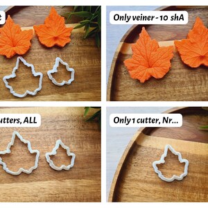 Puede incluir: Cuatro bandejas de madera con diferentes juegos de cortadores de galletas con forma de hoja y decoraciones de fondant con forma de hoja naranja. El texto "Full set", "Only veiner - 10 shA", "Only cutters, ALL" y "Only 1 cutter, Nr..." es visible en las bandejas.
