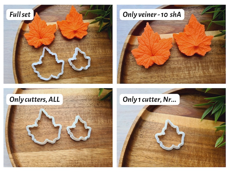Puede incluir: Cuatro bandejas de madera con diferentes juegos de cortadores de galletas con forma de hoja y decoraciones de fondant con forma de hoja naranja. El texto "Full set", "Only veiner - 10 shA", "Only cutters, ALL" y "Only 1 cutter, Nr..." es visible en las bandejas.