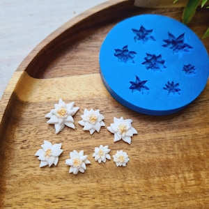 May include: A blue silicone mold with eight flower shapes, and eight white fondant flowers with yellow centers.