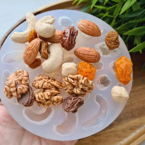 May include: A clear silicone mold with 12 cavities shaped like various nuts and dried fruits. The mold is filled with miniature replicas of almonds, cashews, walnuts, and raisins.