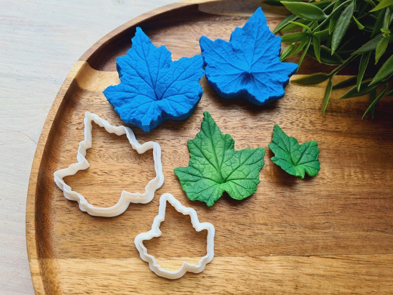 Puede incluir: Un conjunto de cinco cortadores de galletas con forma de hoja, dos son de pl&aacute;stico blanco y tres son de fondant. Las hojas de fondant son azules y verdes.