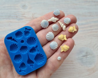 Silicone mold of Mini sea life set, style 5, 12 elements, ~ 0.3-1.4 cm, H:0.2-0.4 cm, Modeling tool for accessories, Shape for polymer clay