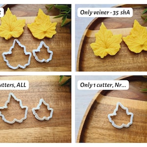 Puede incluir: Cuatro juegos de cortadores de galletas con forma de hoja, mostrados sobre superficies de madera. El primer juego muestra dos cortadores grandes con forma de hoja amarilla y dos cortadores peque&ntilde;os con forma de hoja blanca. El segundo juego muestra dos cortadores grandes con forma de hoja amarilla. El tercer juego muestra dos cortadores peque&ntilde;os con forma de hoja blanca. El cuarto juego muestra un cortador peque&ntilde;o con forma de hoja blanca.