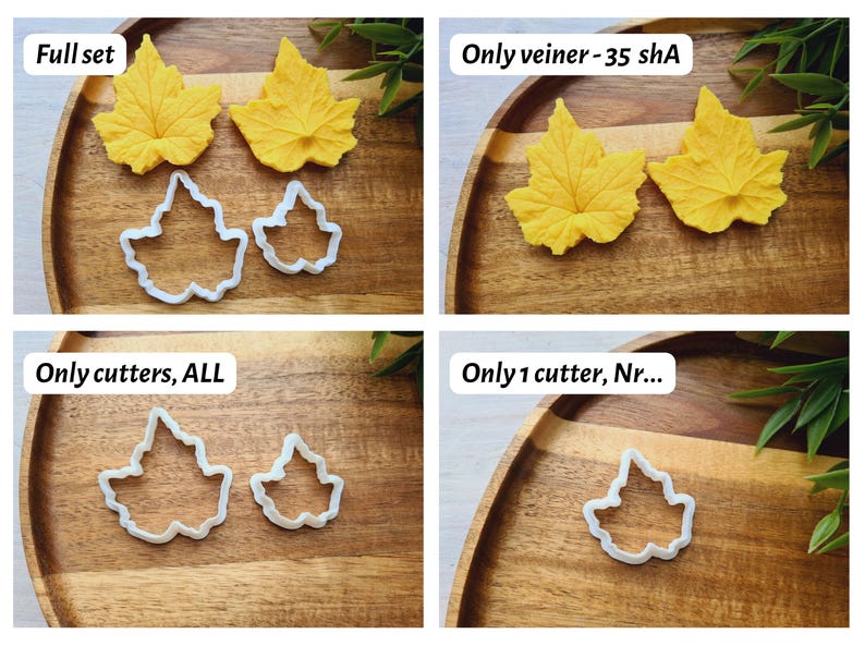 Puede incluir: Cuatro juegos de cortadores de galletas con forma de hoja, mostrados sobre superficies de madera. El primer juego muestra dos cortadores grandes con forma de hoja amarilla y dos cortadores peque&ntilde;os con forma de hoja blanca. El segundo juego muestra dos cortadores grandes con forma de hoja amarilla. El tercer juego muestra dos cortadores peque&ntilde;os con forma de hoja blanca. El cuarto juego muestra un cortador peque&ntilde;o con forma de hoja blanca.