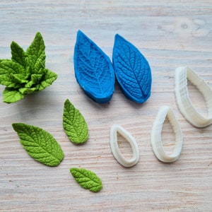 Silicone veiner of Mint leaf, small, (mold size) ~ 1.7*4 cm + 3 cutters 1.4*3 cm, 1.1*2.4 cm, 0.7*1.7 cm, choose full set or individually