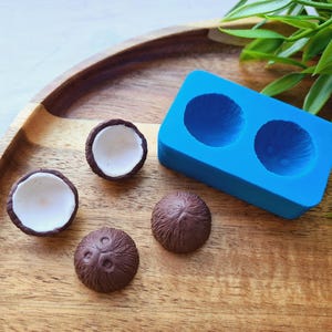 Peut inclure: Un moule en silicone bleu avec deux cavités en forme de noix de coco. Il y a cinq bonbons en forme de noix de coco brun et blanc sur une surface en bois.