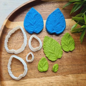 May include: A set of leaf-shaped cookie cutters and fondant moulds. The set includes two large blue leaf moulds, four green leaf moulds, and three white cookie cutters in various sizes.